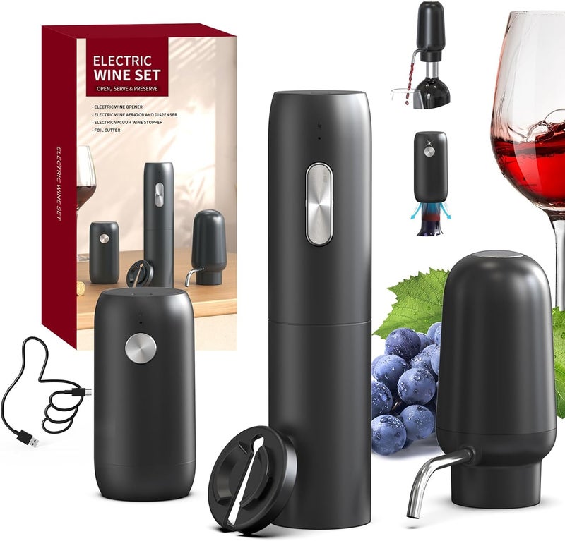 CircleJoy Electric Wine Bottle Opener Set Rechargeable 5-in-1 Wine Set with Foil Cutter, Electric Wine Opener, Electric 2in-1 Wine Aerator & Pourer, Electric Vacuum Wine Stopper, Black Silver - Image 1